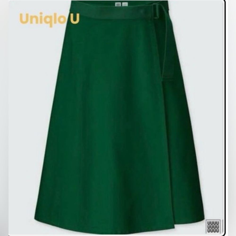 UNIQLO A-Line Wrap Skirt Forest Green Belted Snap Front opening, Sz 6